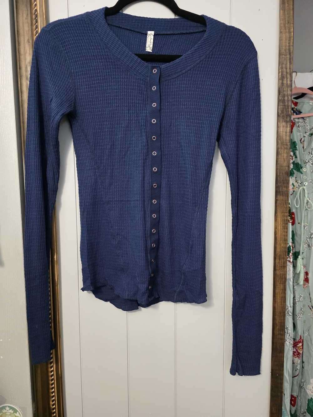 FP Movement by Free People Navy Waffle-Knit Button Front Long Sleeve